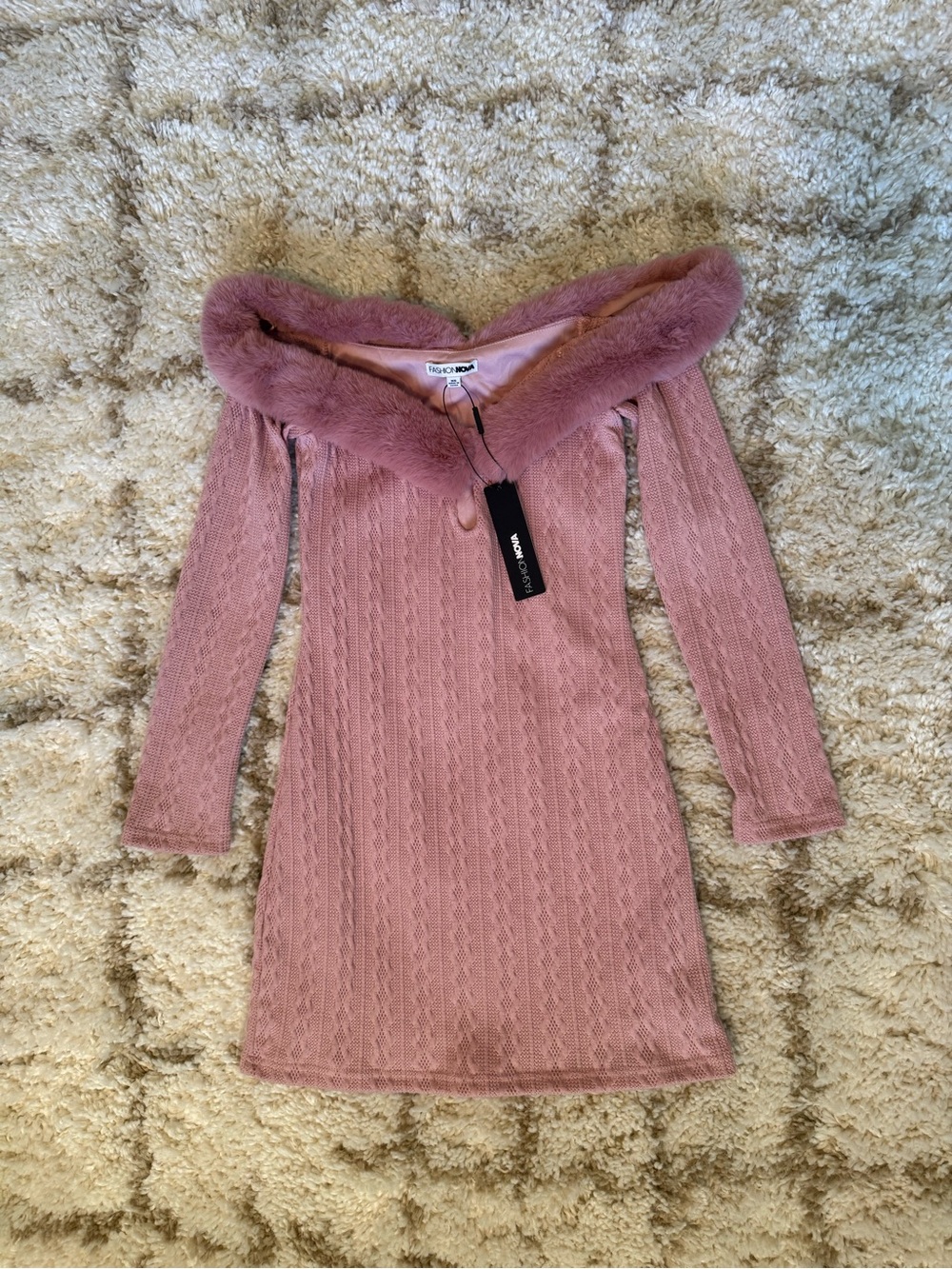 Fashion Nova Dusty Pink Knit Dress Faux Fue Trim NWT Size XS
